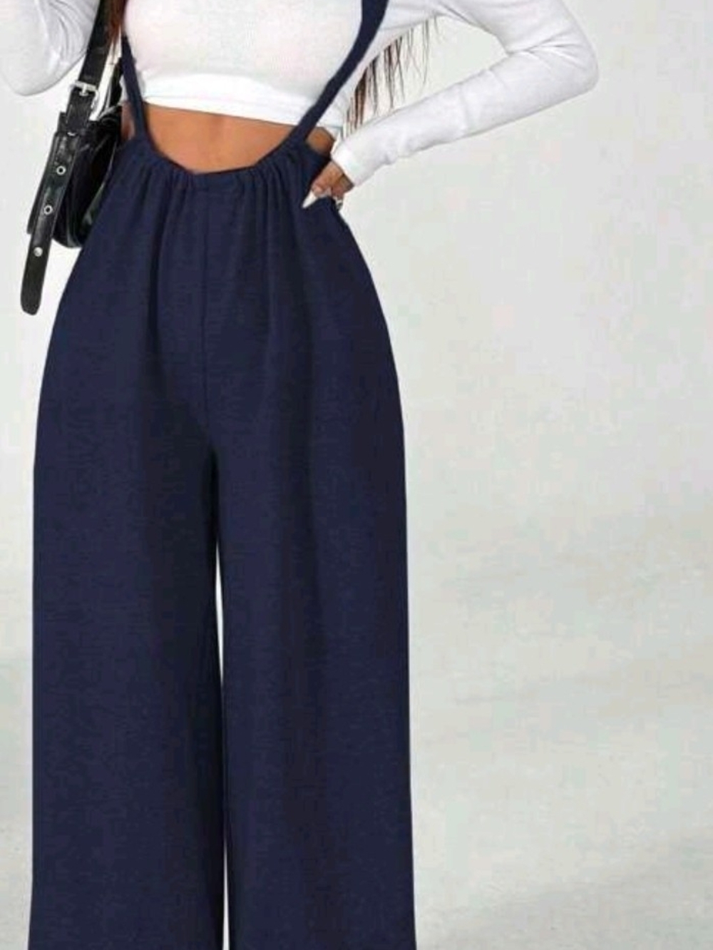 Wide-Leg Suspender Jumpsuit Pants in Navy
